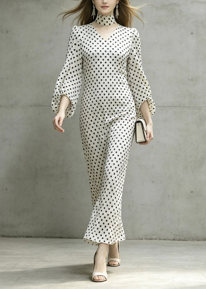 White V Neck Dot Print Chiffon Dresses Lantern Sleeve