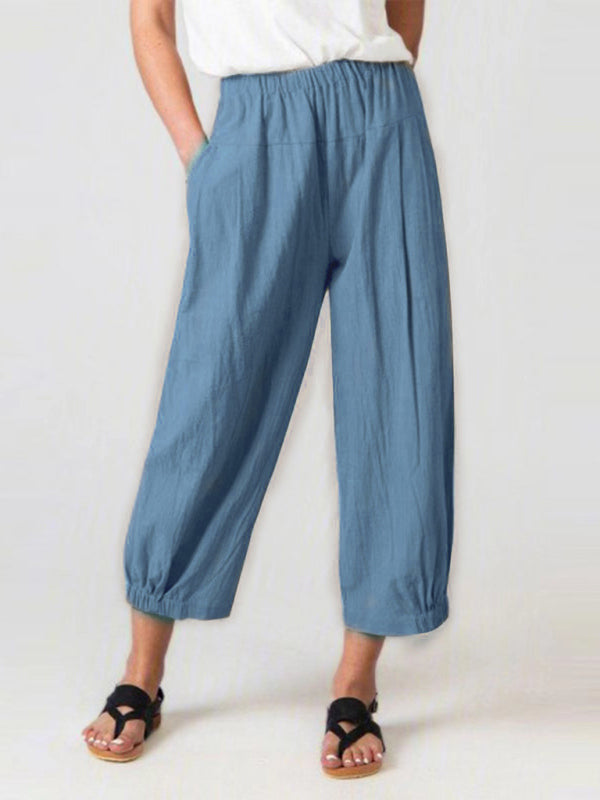 Loose Harem Pants High Waist Cotton Linen Cropped Pants Wide Leg Pants