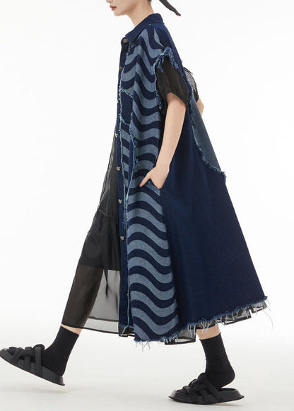 Blue Asymmetrical Patchwork Cotton Denim Long Cardigans Sleeveless