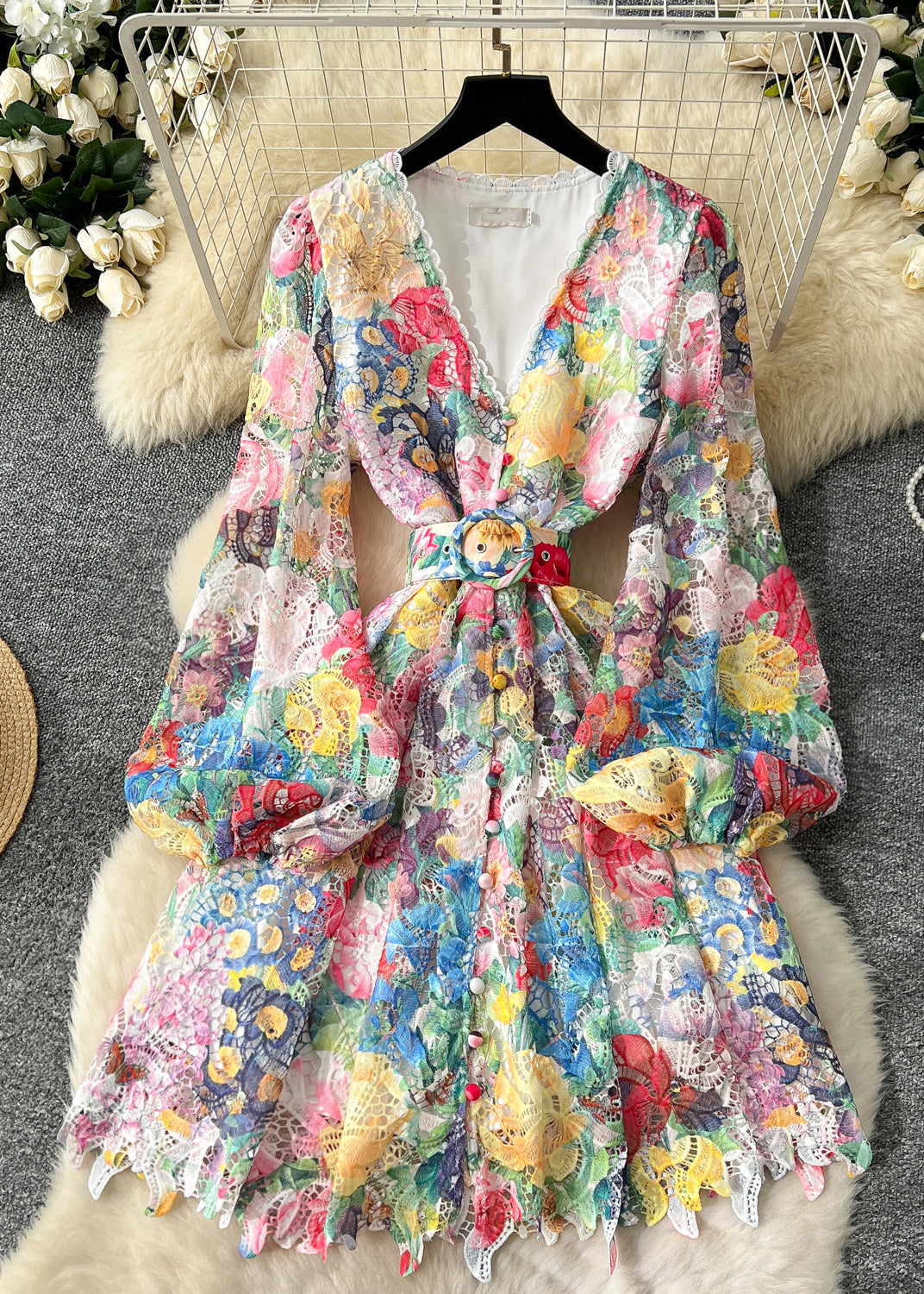Cinched Print Lace Mid Dress Lantern Sleeve