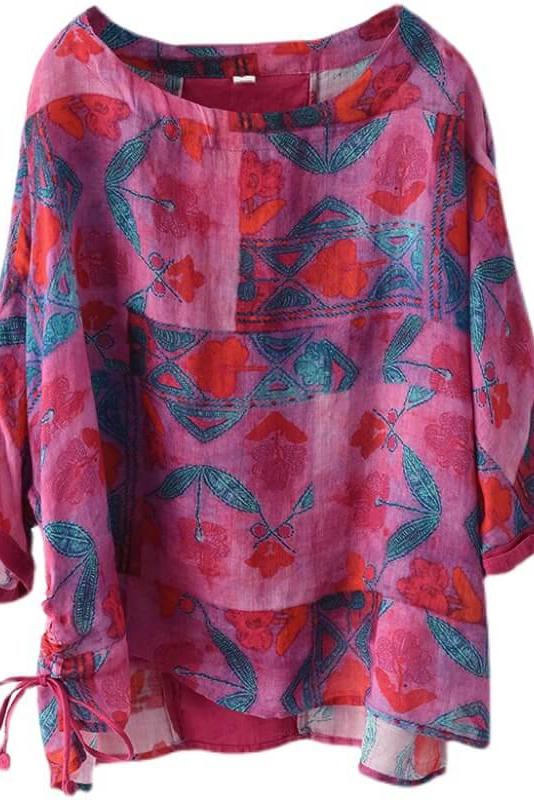Print Ramie Loose Cinched T-shirt