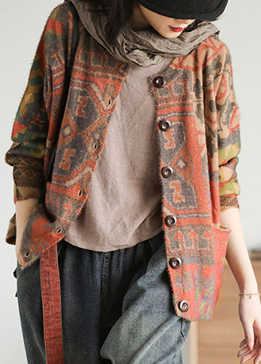 Diy Khaki Loose Knit Print Button Pockets Fall Sweater Cardigans
