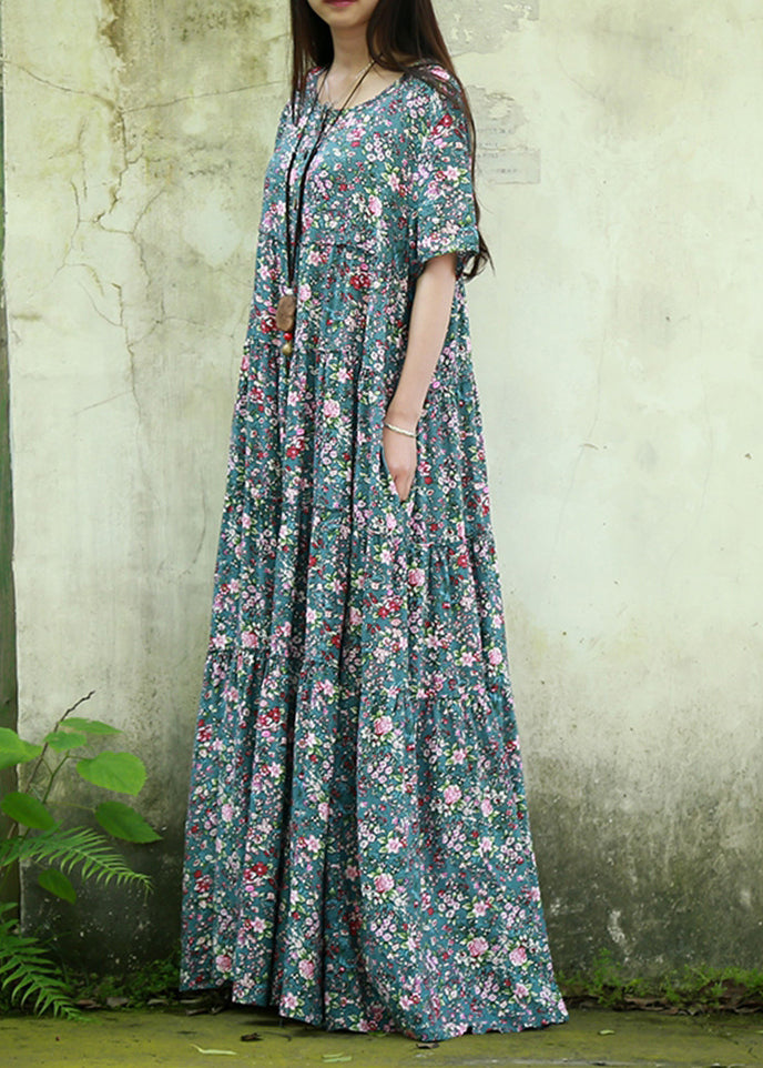 Blue O Neck Print Patchwork Cotton Maxi Dress Summer