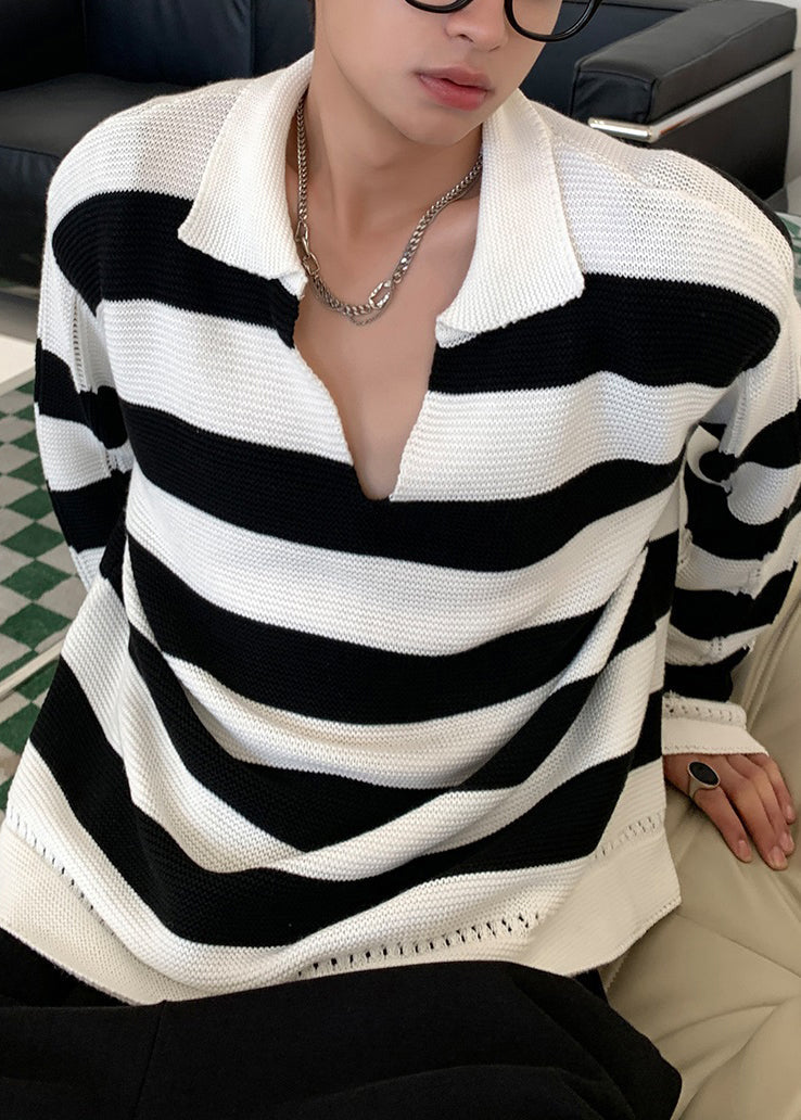 Stylish Striped Peter Pan Collar Hollow Out Knit Sweaters Fall