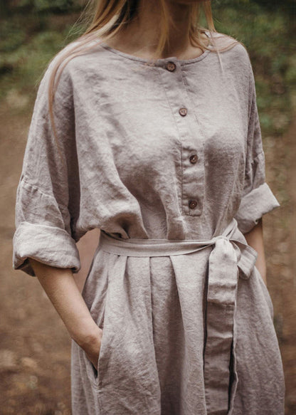 New Grey O Neck Button Tie Waist Linen Dresses Spring
