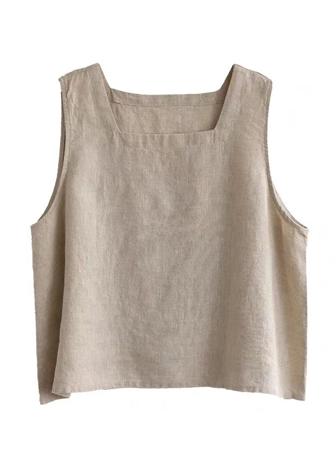 Loose Linen Colour Square Collar Linen Tops Summer
