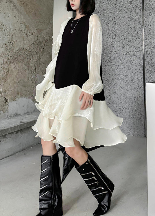 Apricot Ruffled Organza Patchwork Cotton Dress Fall