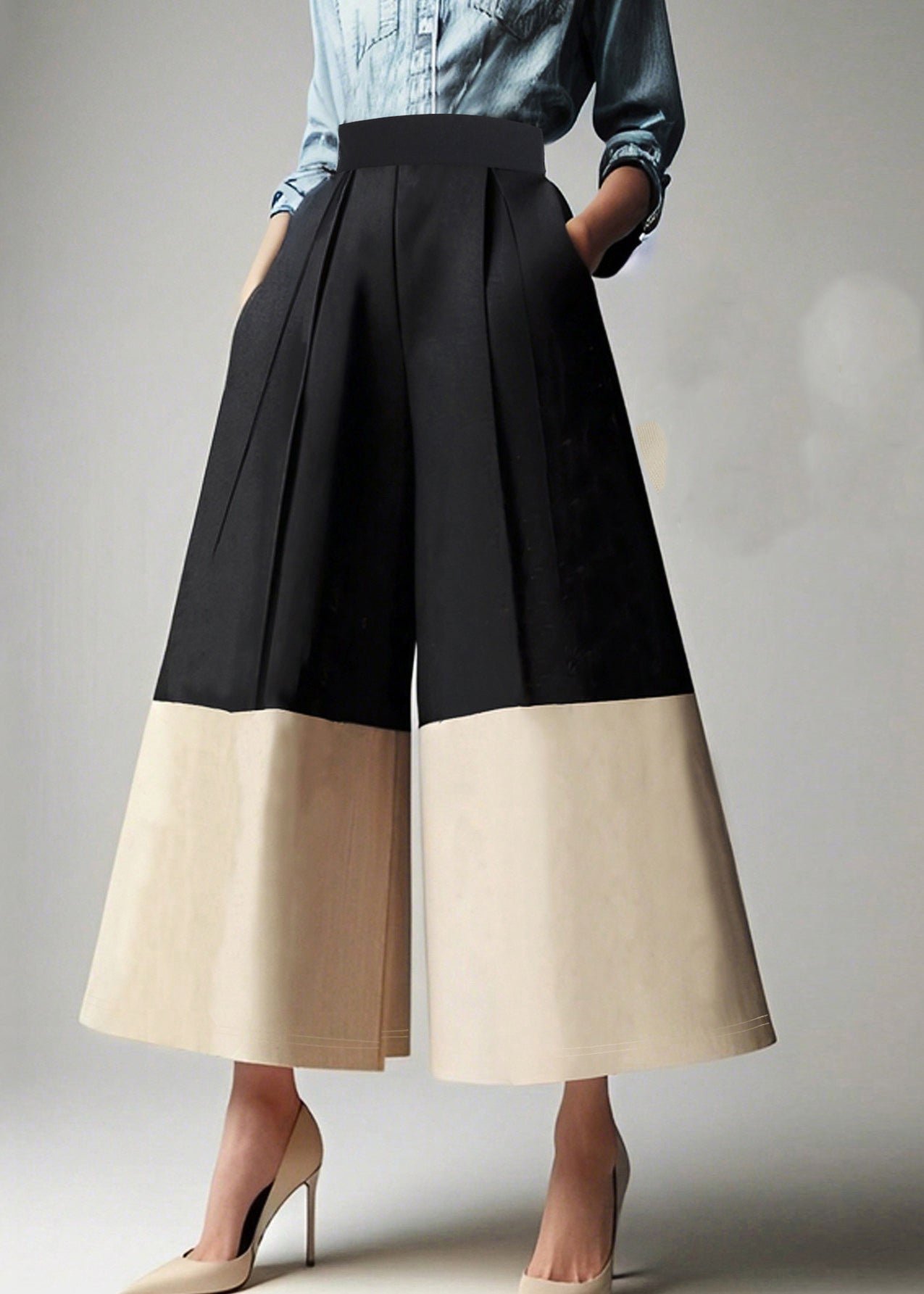 Colorblock High Waist Pockets Crop Pants Summer