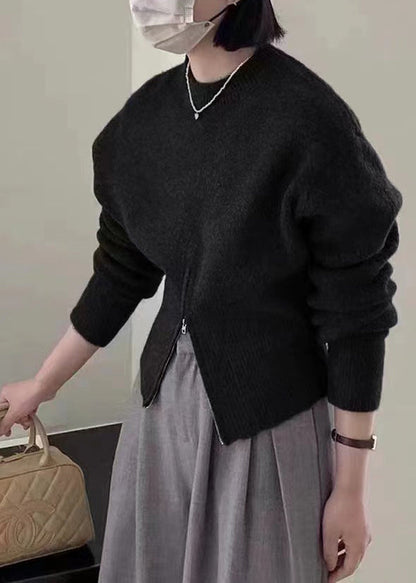 Grey Zip Up Front Open Knit Short Sweater Spring