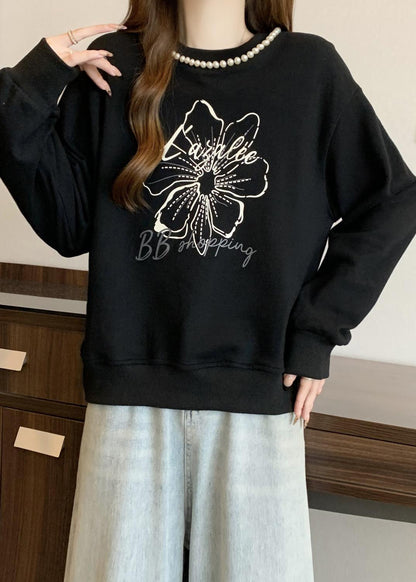 Loose Black O-neck Pearl Print Cotton Sweatshirts Fall