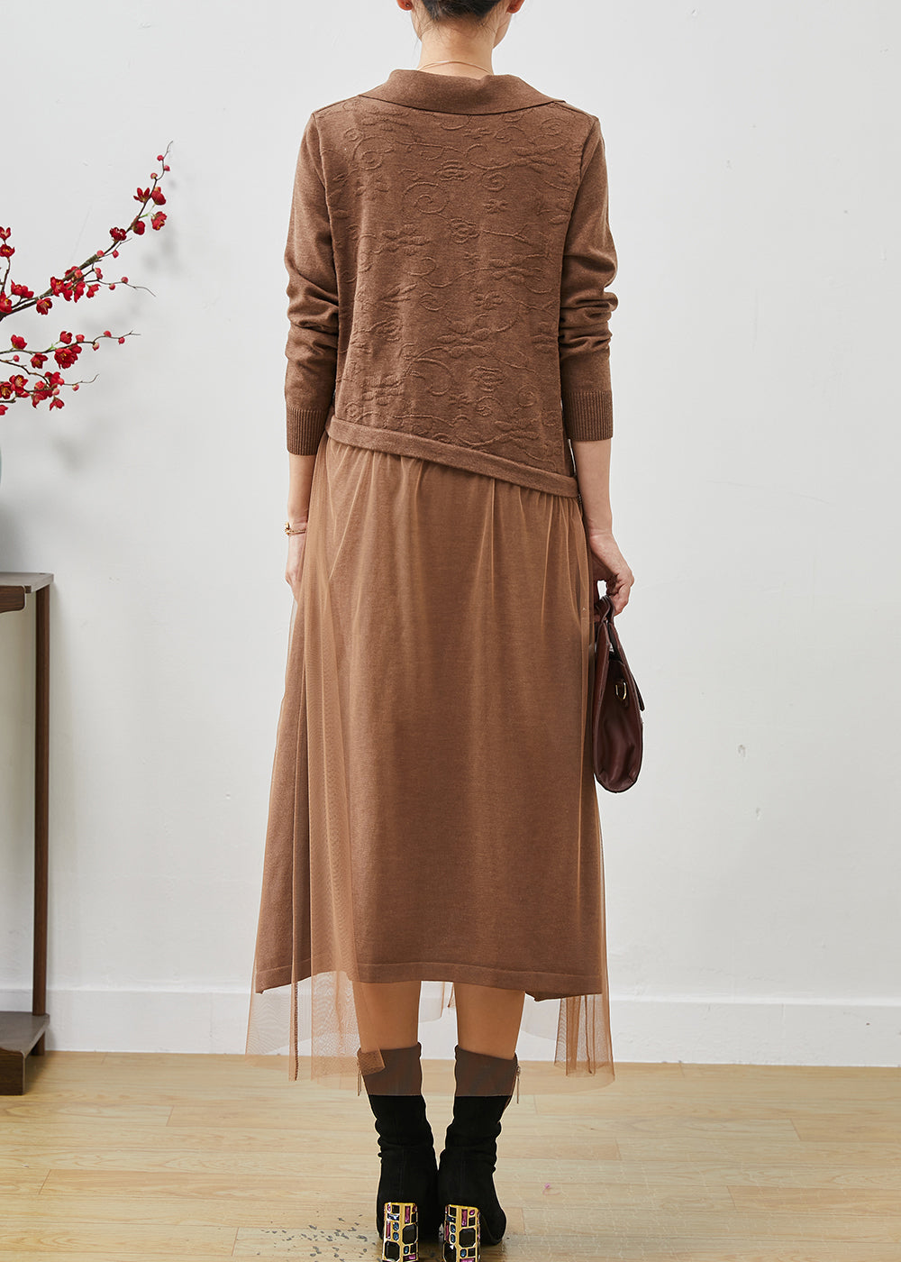Khaki Jacquard Patchwork Wool Tulle Dress Summer