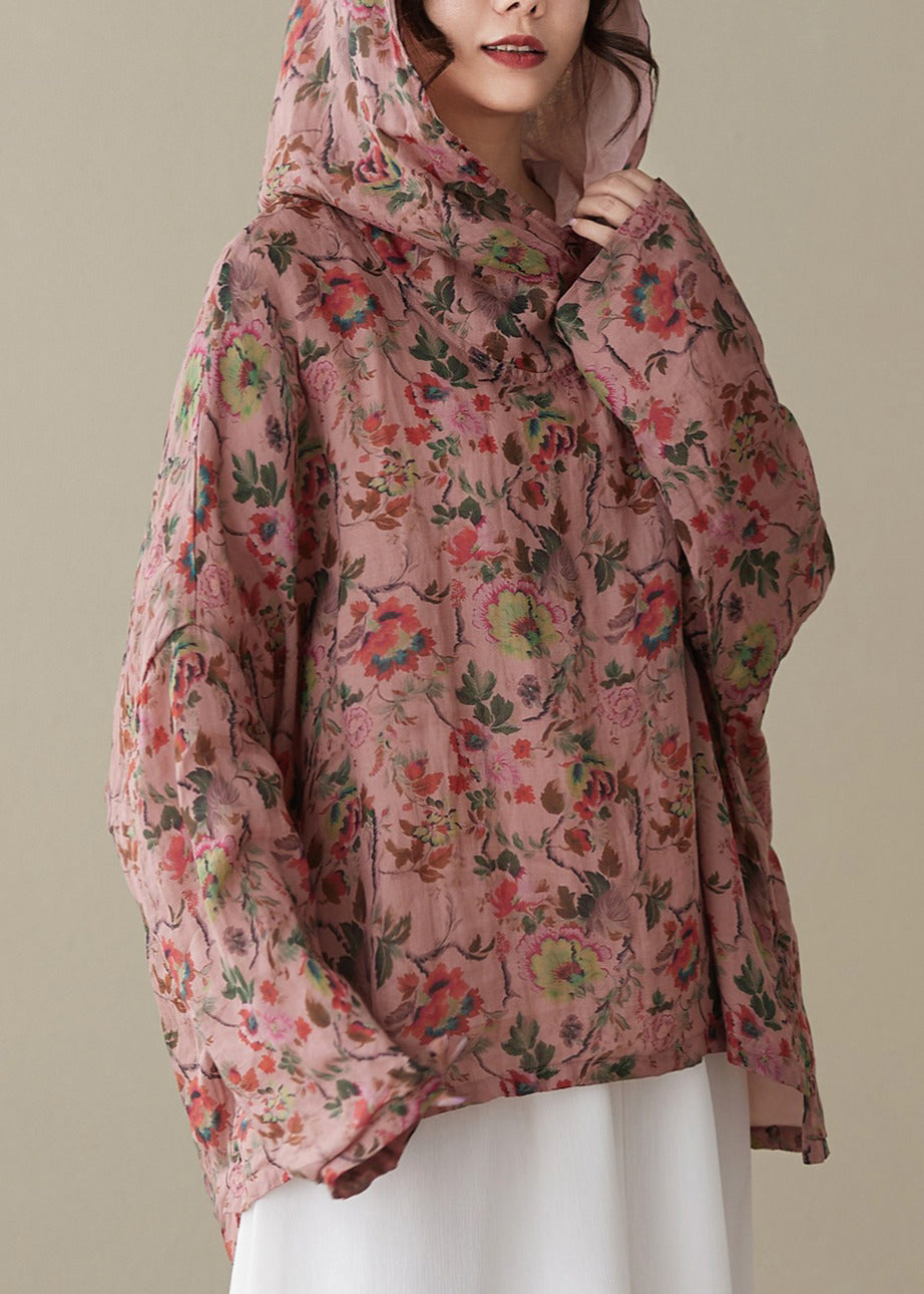 Red Hooded Print Cotton Top Spring