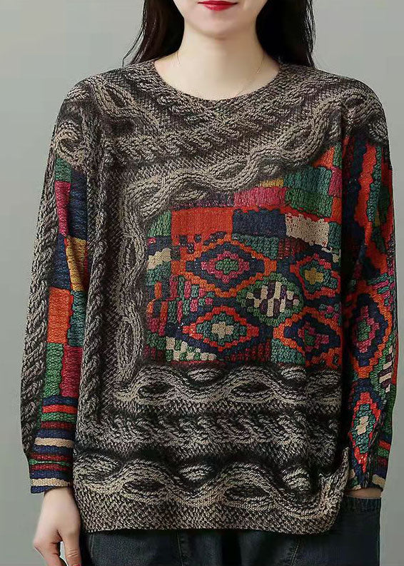 O-neck Print Mink Hair Knitted Sweaters Winter
