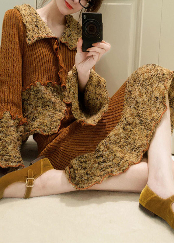 French Peter Pan Collar Print Patchwork Cotton Knit Cardigans and Maxi Skirts Two Pieces Set Fall