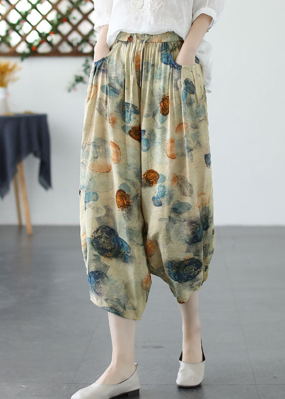 Green Print Pockets Patchwork Linen Harem Pants Summer