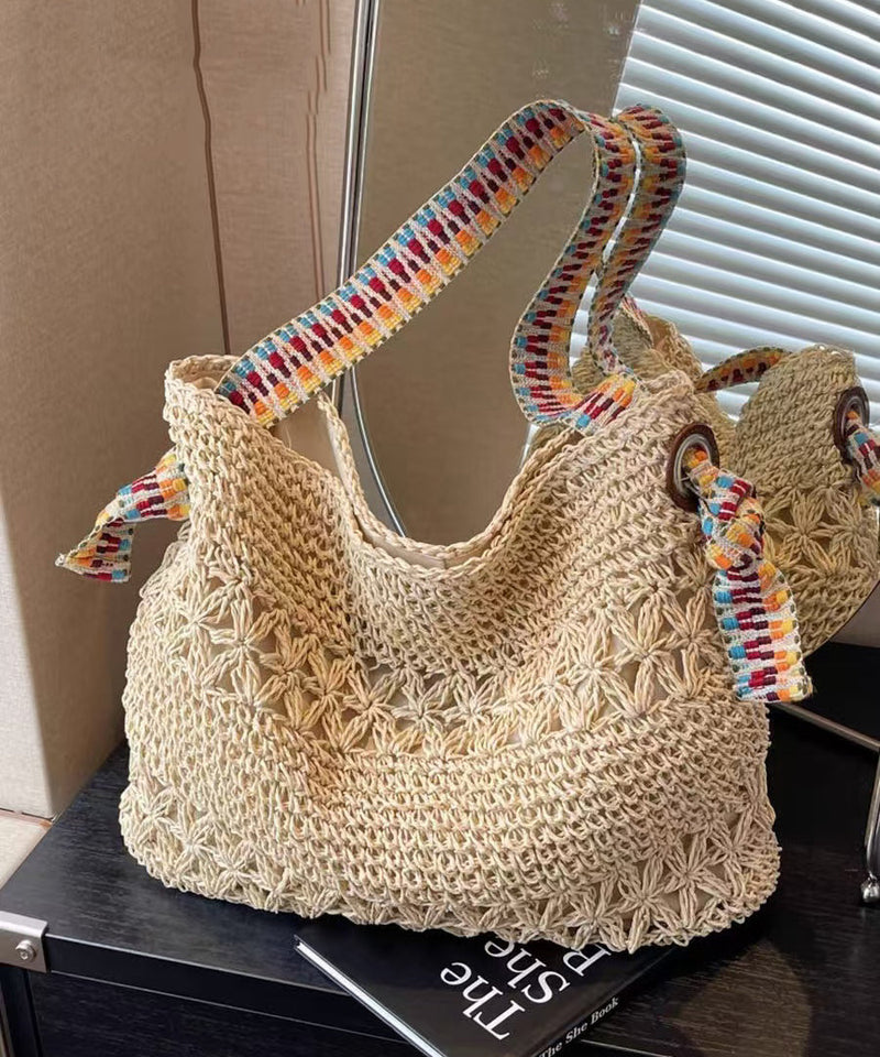 Beige Hollow Out Knit Holiday Shoulder Bags