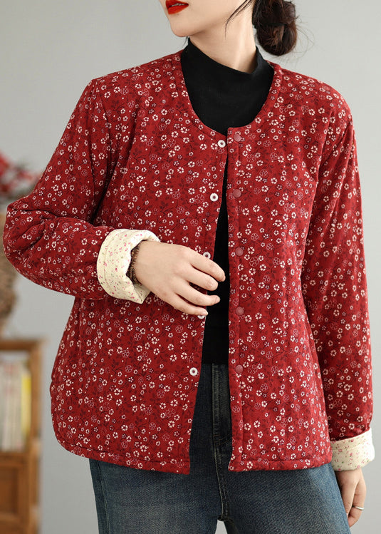Red O Neck Button Print Thick Coats Winter
