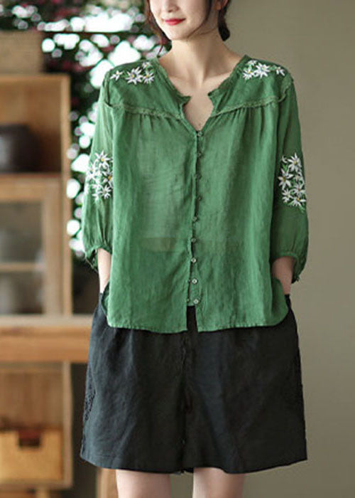 Green V Neck Embroidered Linen Top Bracelet Sleeve