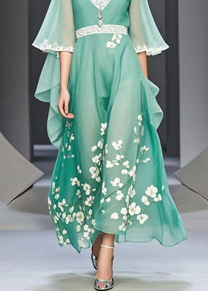 Organic Lake Green V Neck Print Chiffon Maxi Dresses Summer