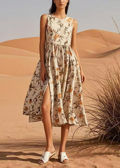 Apricot Print Side Open Cotton Long Dress Sleeveless