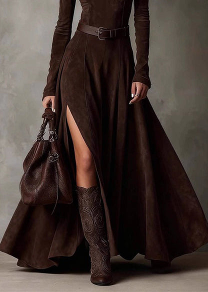 Coffee Patchwork Sashes Side Open Maxi Dresses Spring
