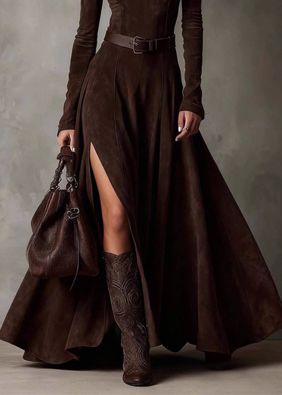 Coffee Patchwork Sashes Side Open Maxi Dresses Spring