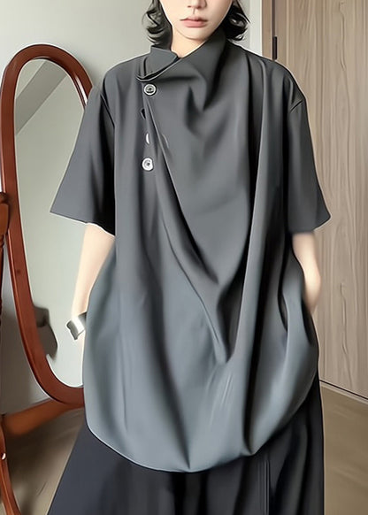 Unique Grey Stand Collar Asymmetrical Ice Silk Tops Short Sleeve