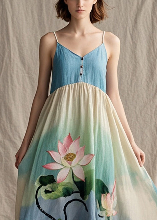 Tie Dye Lotus Print Cotton Spaghetti Strap Dress Summer