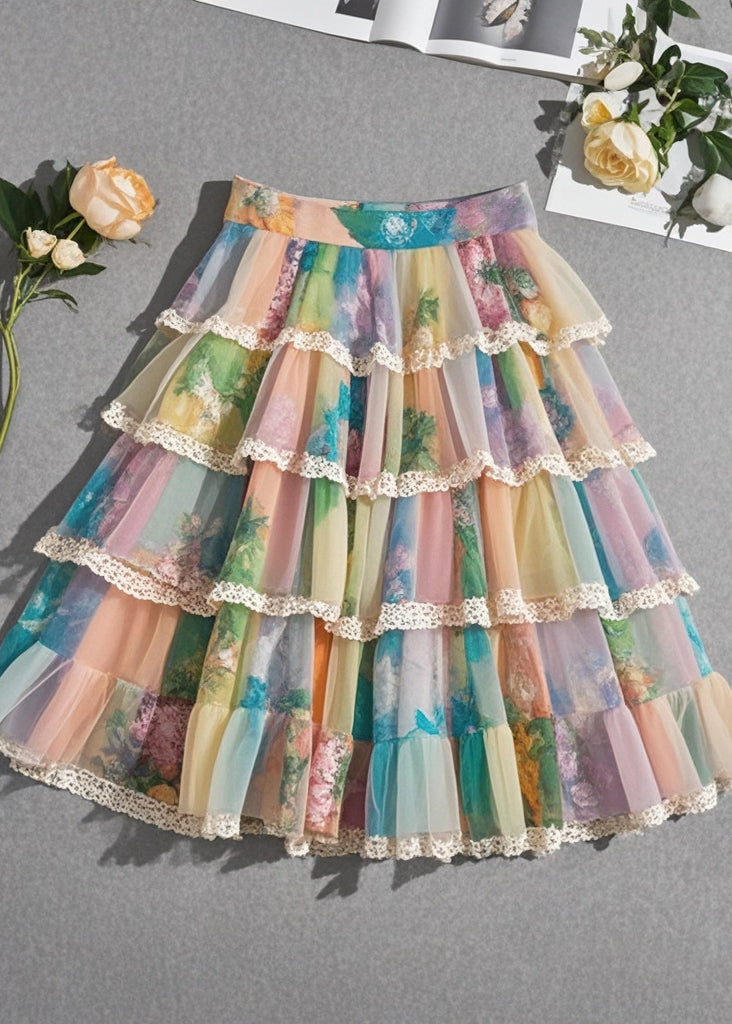 Rainbow Print Layered Chiffon Beach Skirt Summer
