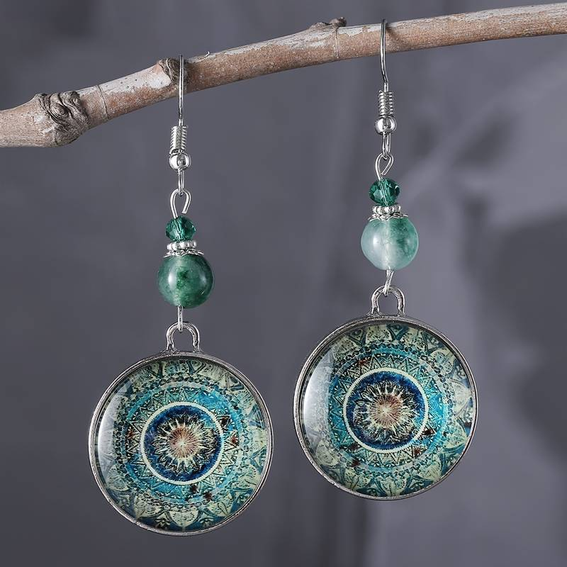 Blue Dangling Rounded Mandala Earrings