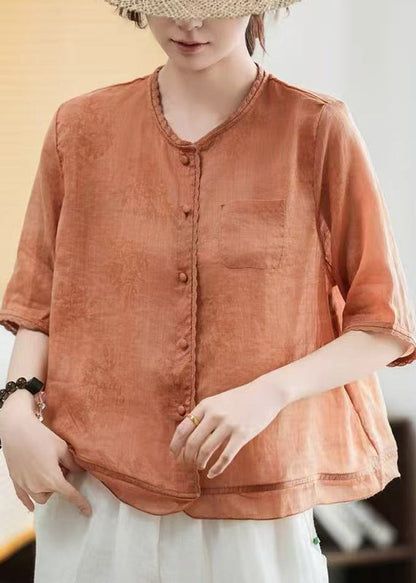 Green Butterfly Print Patchwork Linen Blouse Tops Half Sleeve