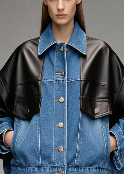 Denim Blue Oversized Patchwork Faux Leather Jackets Fall