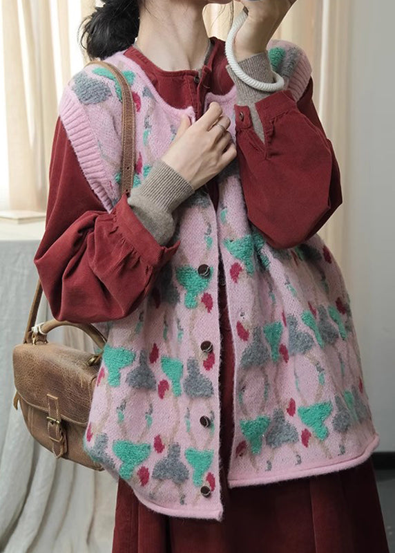 Pink O Neck Jacquard Knit Vest Tops Sleeveless