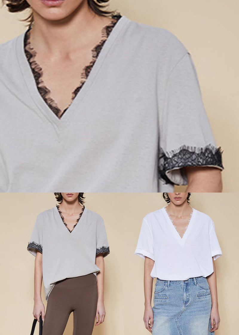 Grey Lace Cotton T Shirt V Neck Short Sleeve