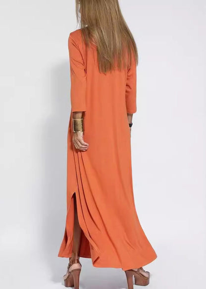 Loose Black V Neck Side Open Cotton Long Dress Bracelet Sleeve
