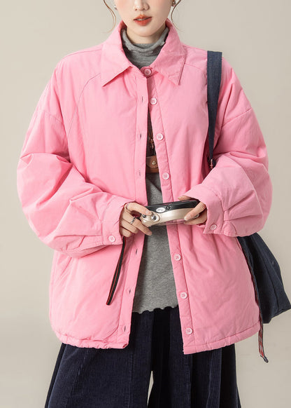 Pink Peter Pan Collar Pockets Cotton Filled Shirts Coats Winter