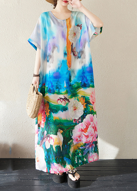 Blue Oversized Tie Dye Cotton Maxi Dresses Summer