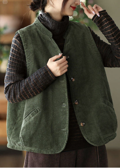 Green Stand Collar Fine Cotton Filled Corduroy Vest Winter