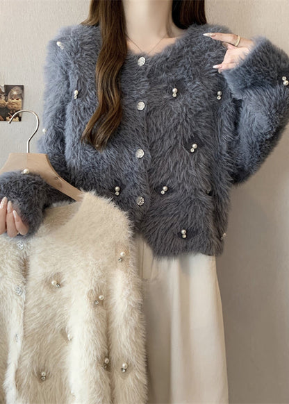 Grey O Neck Nail Bead Mink Hair Knitted Coat Fall