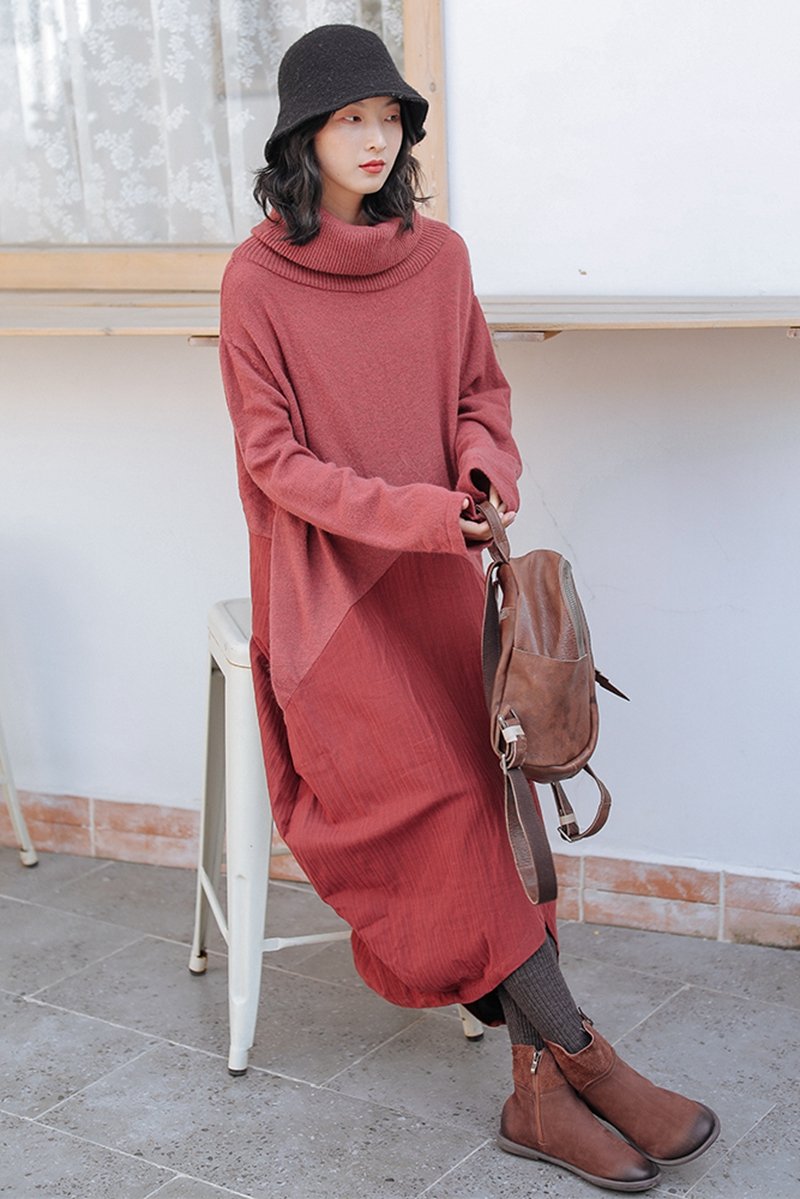 Wool Patchwork Turtleneck Sweater Dress