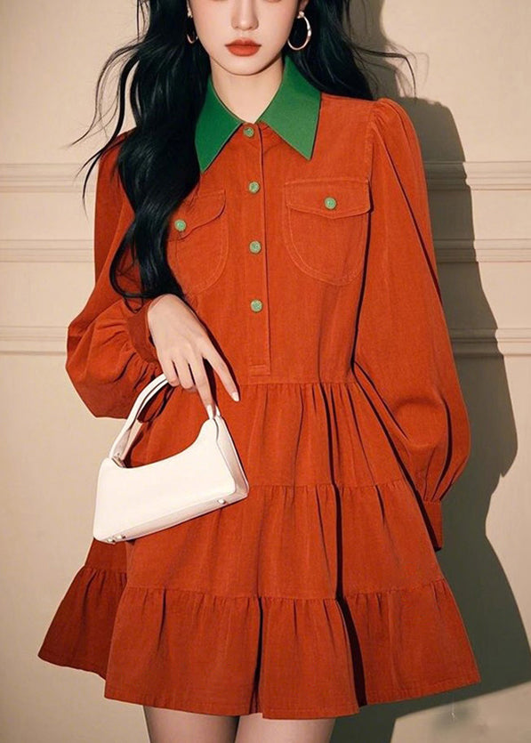 Loose Orange Peter Pan Collar Button Corduroy Shirts Dress Spring