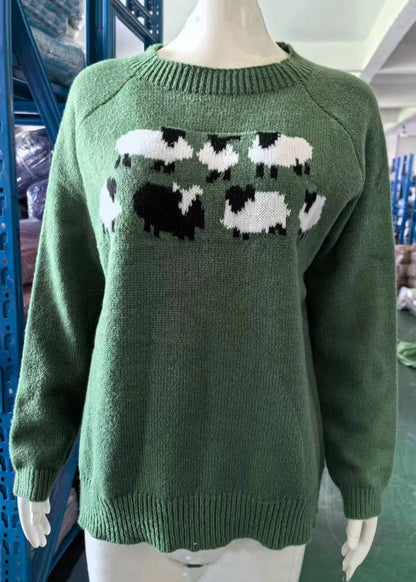 Jacquard Green O-neck Cozy Knit Sweaters Fall