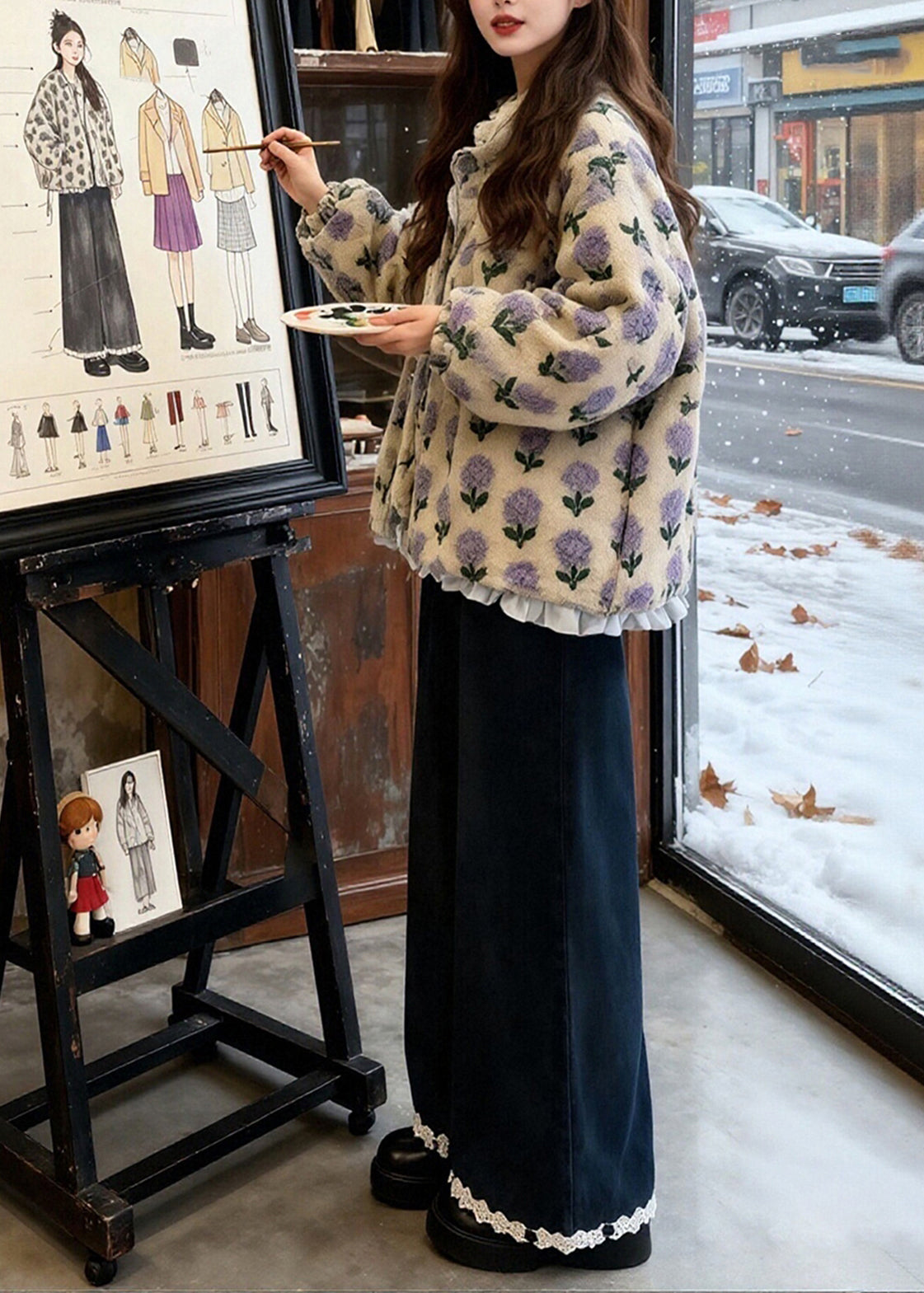 Italian Print Ruffled Patchwork Mink Velvet Coats and Wide Leg Pants Two Pieces Set Winter