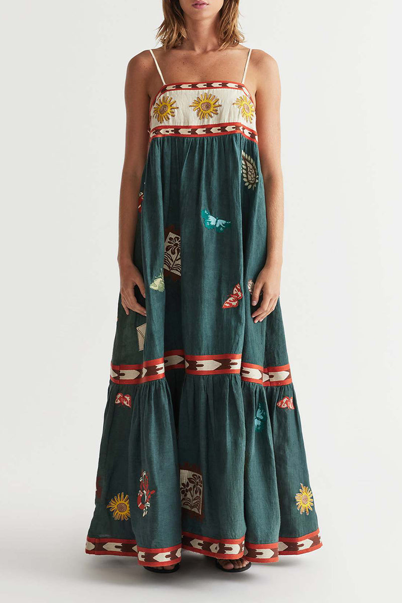 Vacation Graffiti Print Patchwork Square Neck Sling Dresses