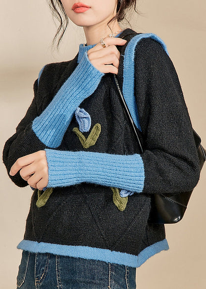 Blue O-neck Patchwork Cotton Knit Sweaters Winter