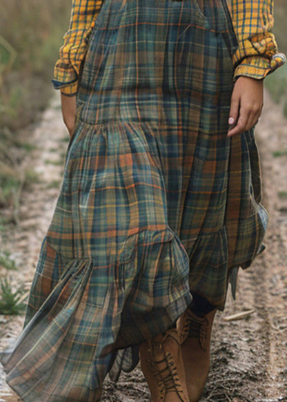 Boutique Colorblock V Neck Plaid Patchwork Cotton Long Dress Fall