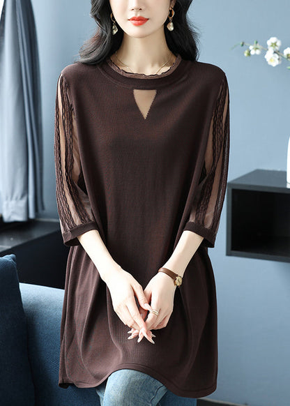 Green O Neck Patchwork Ice Silk Knitted Tops Half Sleeve