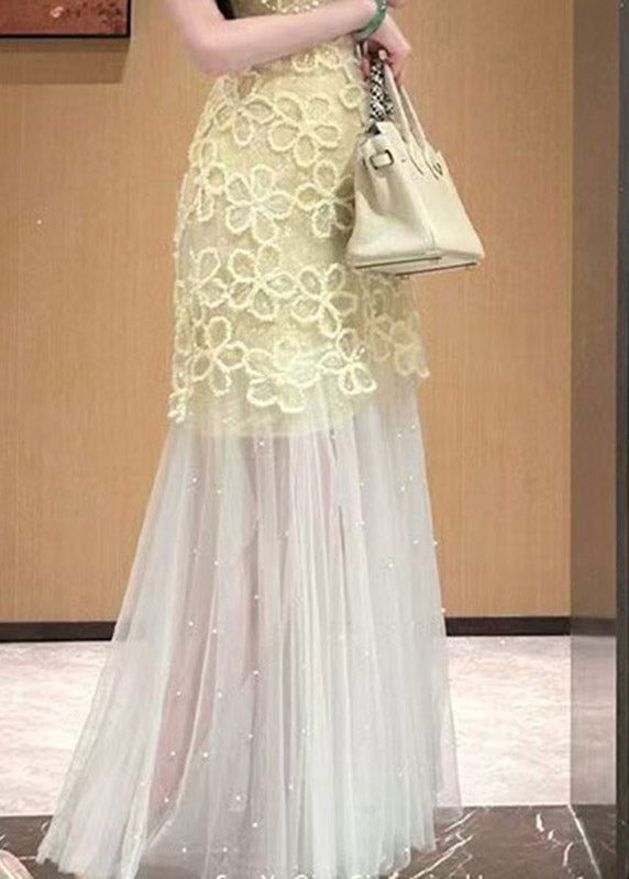 Slim Fit Yellow O-neck Tulle Patchwork Lace Long Dresses Sleeveless