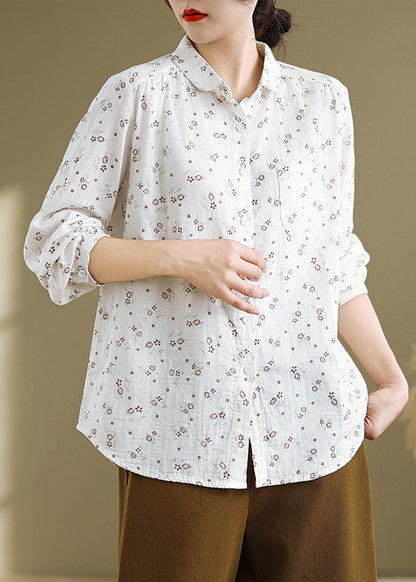White Peter Pan Collar Print Cotton Shirts Top Spring