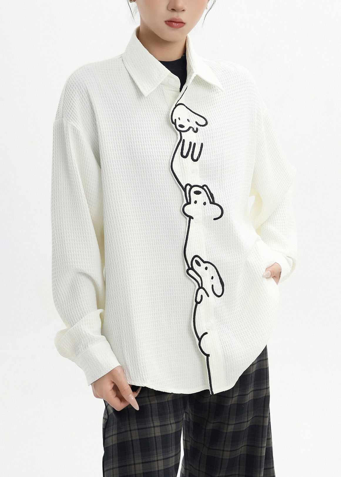 White Little Dog Embroidered Cotton Shirt Spring